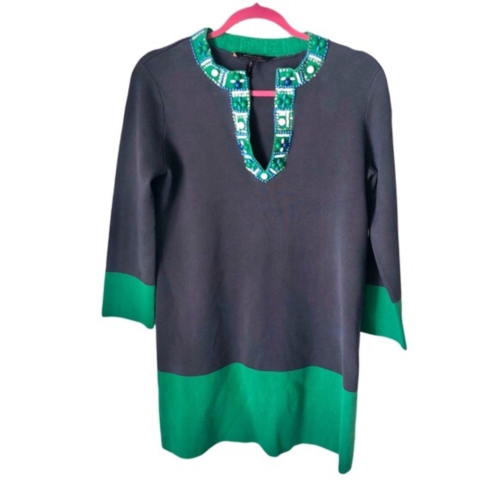 BCBGMax Beaded Dress Silk‎ Blend Green Grey Colorblock Boho Tunic Small